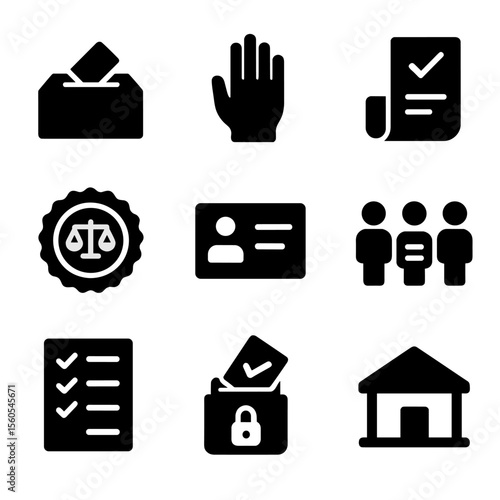 Democratic Integrity Icons. Solid, filled icon set of democratic integrity: voting box, citizen hand, ballot paper, fair election