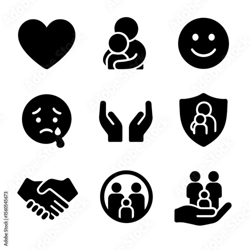 Parental Emotions Icons. Solid, filled icon set of parental emotions: heart, hug, smile, tears, caring hands, protective shield,