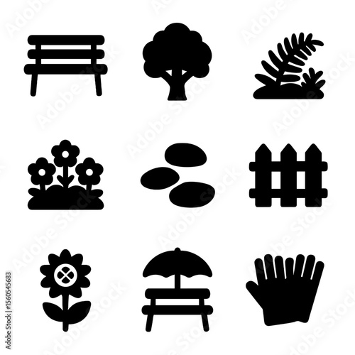 Park Features Icons. Solid, filled icon set of park features and flora: metal bench, oak tree, fern bush, flower bed, path stones,