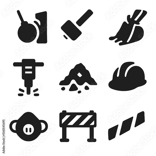 Demolition Tools Icons. Solid, filled icon set of demolition tools: wrecking ball, sledgehammer, jackhammer, excavator bucket,