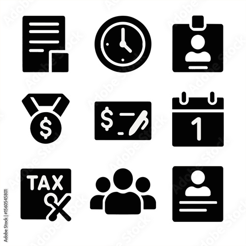 Payroll Icons Grid. Solid, filled icon set of payroll and employee tax support: pay slip, time clock, employee ID, bonus icon,