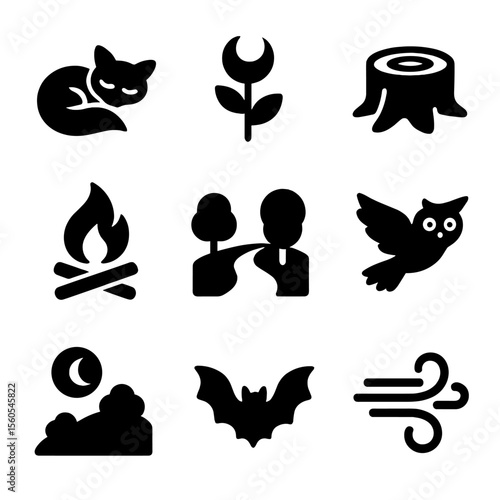 Peaceful Night Icons. Solid, filled icon set of peaceful night environment: sleeping fox, night flower, tree stump, campfire,