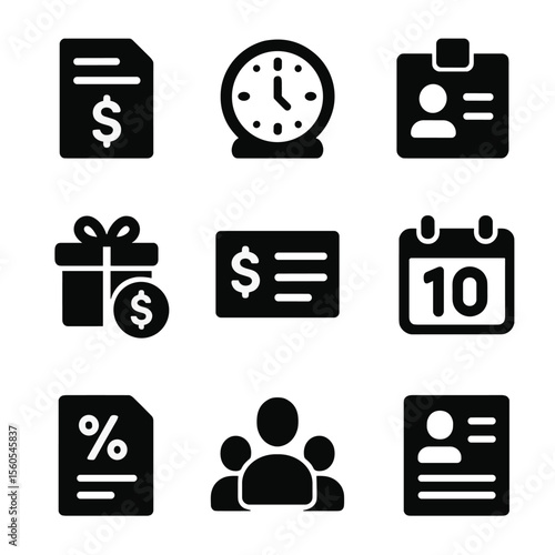 Payroll Icons Grid. Solid, filled icon set of payroll and employee tax support: pay slip, time clock, employee ID, bonus icon,