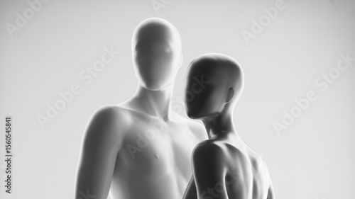 Abstract white figures in close embrace, evoking intimacy and connection against a minimalist background
