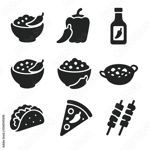 Pepper Dishes Icons. Solid, filled icon set of international pepper dishes: chili con carne, stuffed peppers, hot sauce bottle,