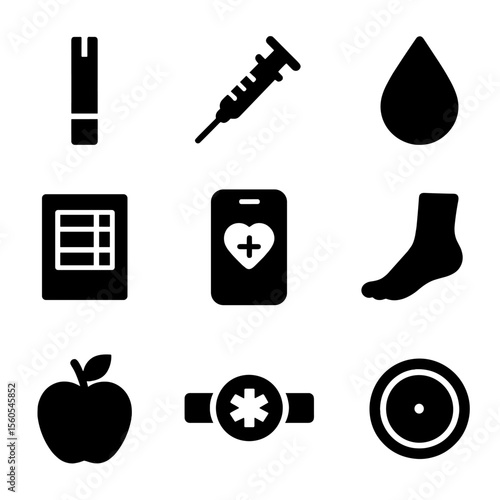 Diabetes Management Icons. Solid, filled icon set of diabetes management tools: glucose test strip, insulin syringe, blood droplet