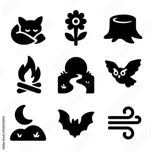 Peaceful Night Icons. Solid, filled icon set of peaceful night environment: sleeping fox, night flower, tree stump, campfire,