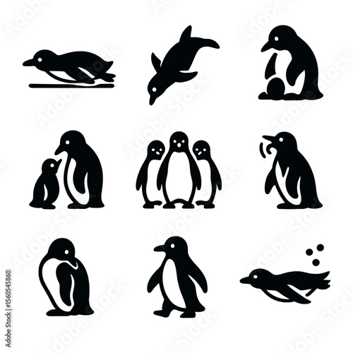 Penguin Behavior Icons. Solid, filled icon set of penguin behaviors: sliding on ice, diving, nesting, feeding chick, group