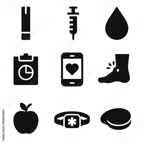 Diabetes Management Icons. Solid, filled icon set of diabetes management tools: glucose test strip, insulin syringe, blood droplet