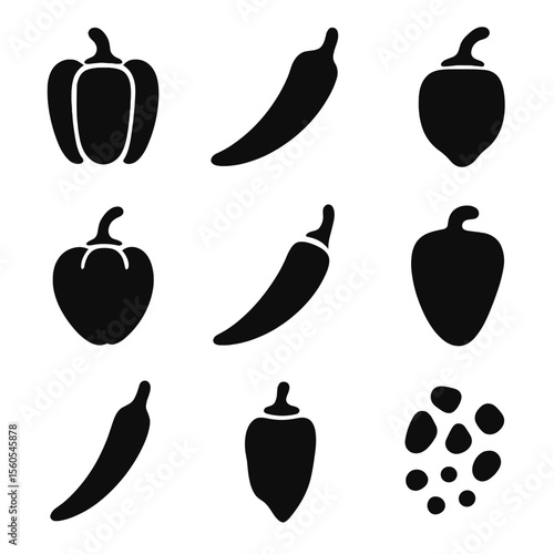 Pepper Icon Grid. Solid, filled icon set of pepper varieties: bell pepper, chili pepper, jalapeño, habanero, cayenne, poblano,