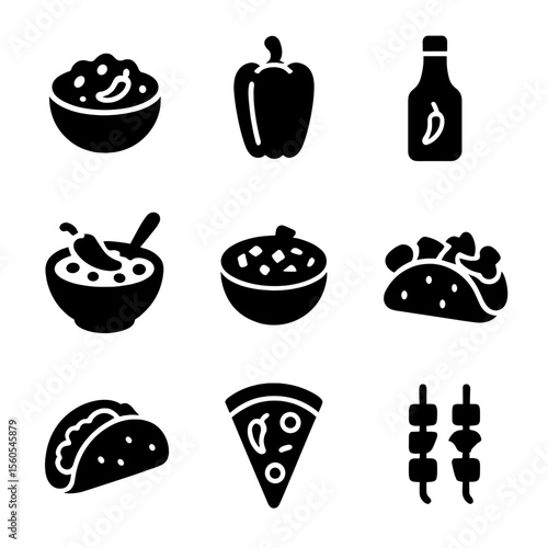 Pepper Dishes Icons. Solid, filled icon set of international pepper dishes: chili con carne, stuffed peppers, hot sauce bottle,