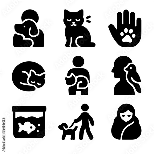 Pet Comfort Icons. Solid, filled icon set of pet comfort: dog cuddle, cat purring, animal paw on hand, curled-up pet, pet on lap,