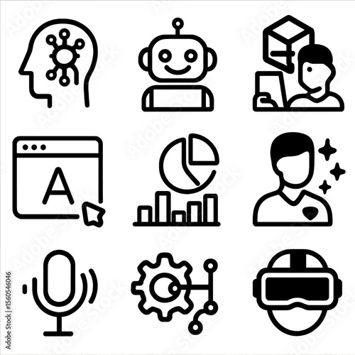 Digital Marketing Icons. Solid, filled icon set of the future of digital marketing: artificial intelligence, chatbot, augmented
