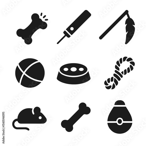 Pet Toy Icons. Solid, filled icon set of interactive pet toys: squeaky toy, laser pointer, feather wand, ball, puzzle feeder, tug