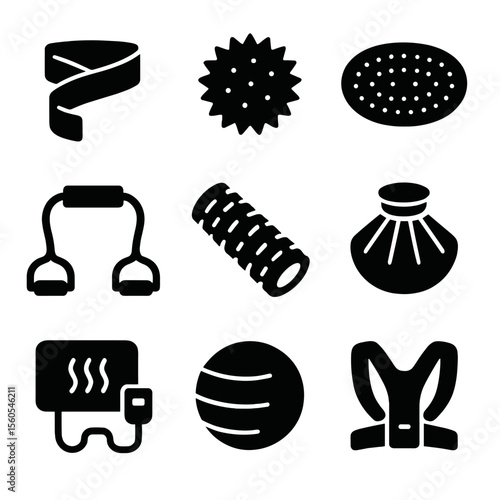Physical Therapy Tools Icons. Solid, filled icon set of physical therapy tools: stretch band, massage ball, balance pad,