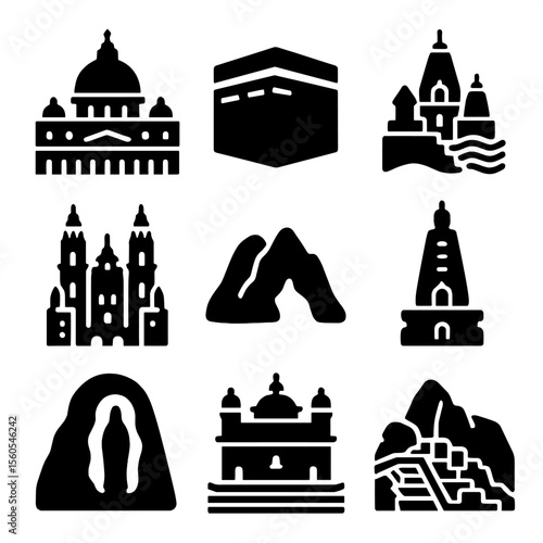 Pilgrimage Landmarks Icons. Solid, filled icon set of famous pilgrimage landmarks: St. Peter’s Basilica, Mecca Kaaba, Varanasi