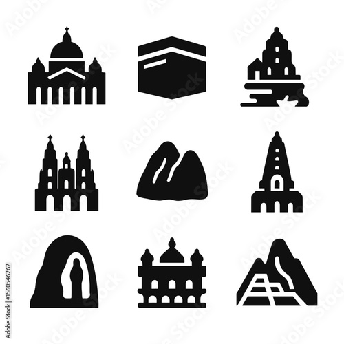 Pilgrimage Landmarks Icons. Solid, filled icon set of famous pilgrimage landmarks: St. Peter’s Basilica, Mecca Kaaba, Varanasi