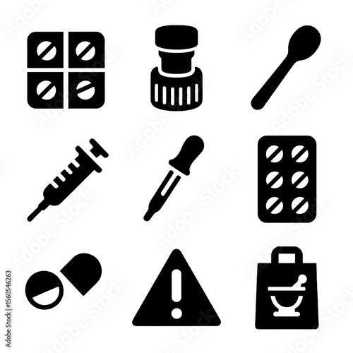 Pill Accessory Icons. Solid, filled icon set of pill-related accessories: pill organizer, pill crusher, measuring spoon, dosing