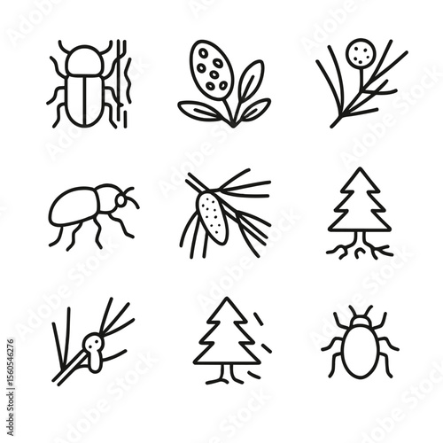Pine Tree Pest Icons. Outline icon set of pine tree pests and diseases: bark beetle, needle blight spore, rust fungus, pine weevil