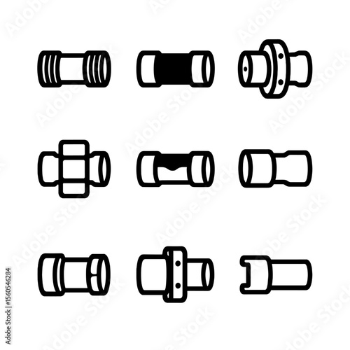 Pipe Joint Icons. Solid, filled icon set of pipe joint types: threaded joint, welded joint, flanged joint, compression joint,