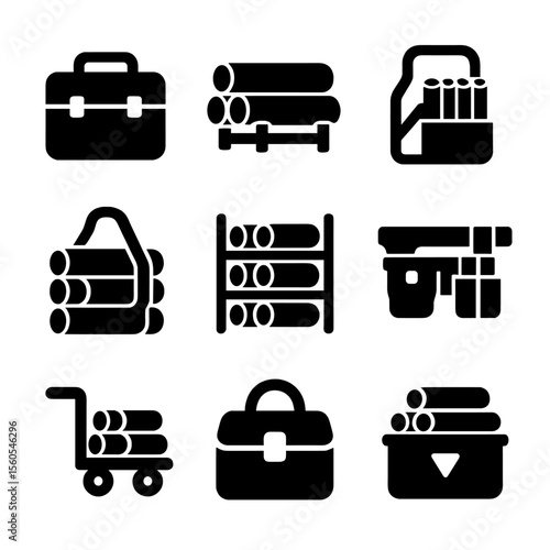 Pipework Icon Set. Solid, filled icon set of pipework storage and transport: tool box, pipe rack, pipe caddy, carry strap, storage