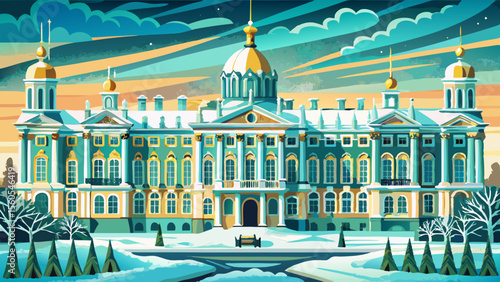 Winter Palace in St. Petersburg, Russia glows in icy mint-green and white hues, framed by snow and golden domes—a majestic baroque structure showcasing imperial Russian elegance.