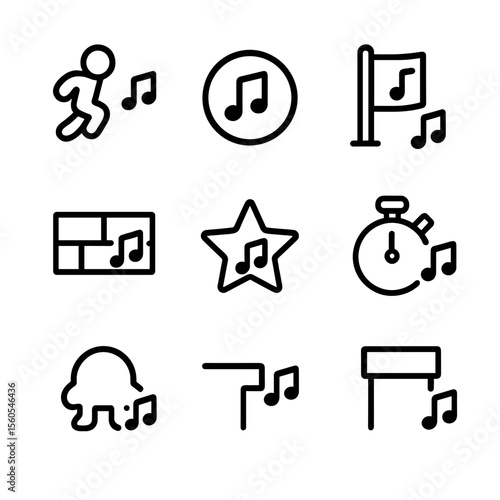 Platformer Icon Set. Outline icon set of platformer OST: jump icon with note, coin with note, flagpole with note, brick block with