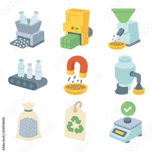 Plastic Recycling Icons. Isometric Flat icon set of plastic pollution recycling processes: shredder machine, baler press, plastic