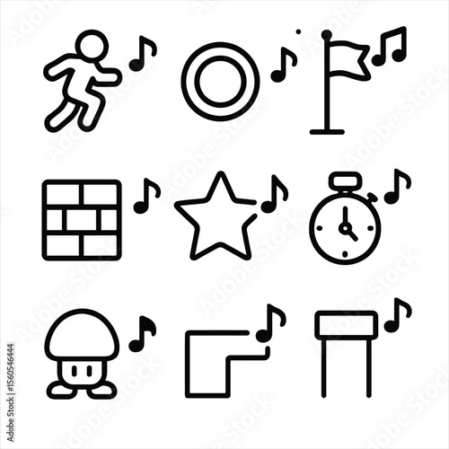 Platformer Icon Set. Outline icon set of platformer OST: jump icon with note, coin with note, flagpole with note, brick block with