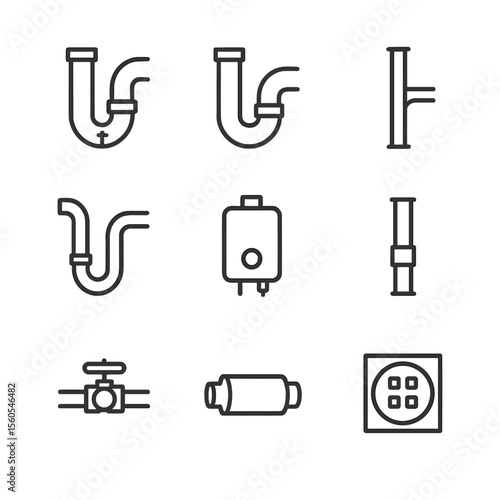Plumbing Icon Set. Outline icon set of Plumbing and Piping Cutaway: water supply line, drain pipe, vent stack, sink trap, water