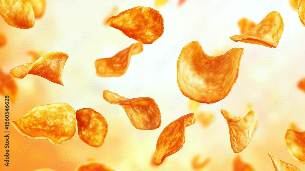 Crispy Potato Chips Falling in Slow Motion with Golden Light Background Effect Crispy Potato Chips Falling in Slow Motion with Golden Light Background Effect