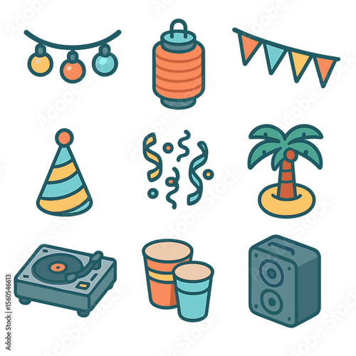 Pool Party Icons. Isometric Flat icon set of Pool Party Decorations: string lights, paper lantern, banner flag, confetti, party
