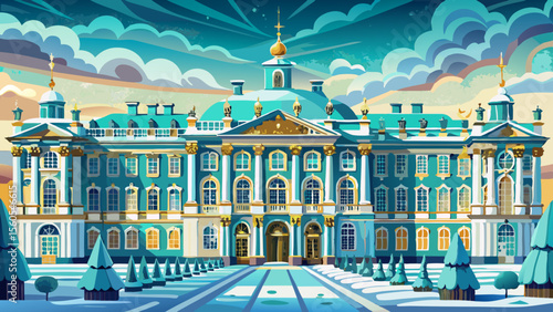 Winter Palace in St. Petersburg, Russia glows in icy mint-green and white hues, framed by snow and golden domes—a majestic baroque structure showcasing imperial Russian elegance.