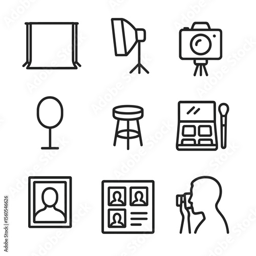 Portrait Session Icons. Outline icon set of portrait photography sessions: studio backdrop, softbox light, camera on tripod,