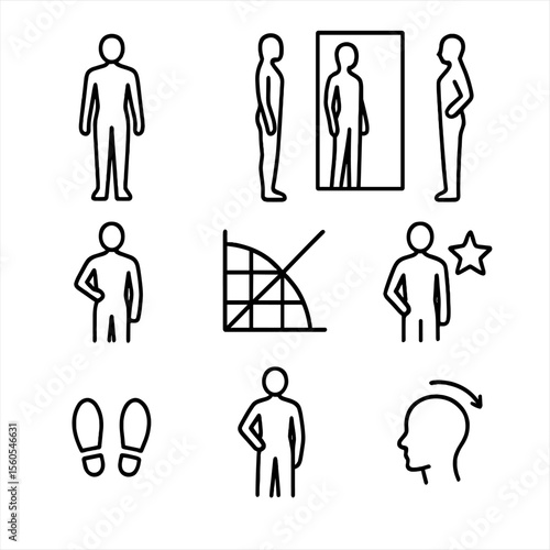 Posing Techniques Icons. Outline icon set of posing techniques: front pose silhouette, side pose silhouette, mirror reflection,