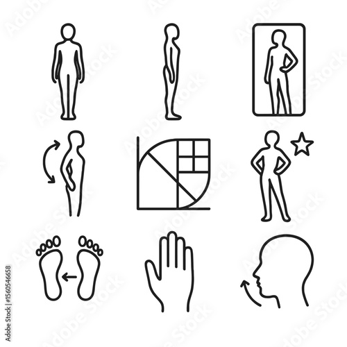 Posing Techniques Icons. Outline icon set of posing techniques: front pose silhouette, side pose silhouette, mirror reflection,
