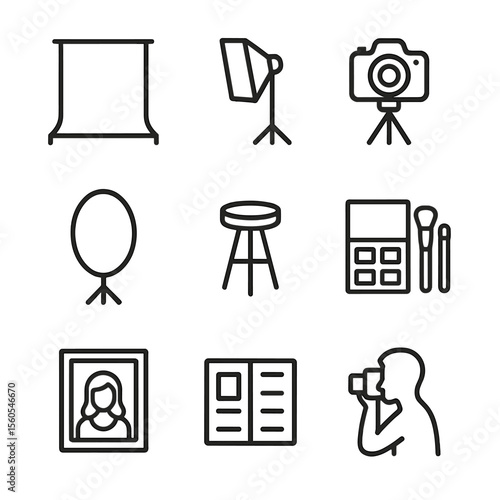 Portrait Session Icons. Outline icon set of portrait photography sessions: studio backdrop, softbox light, camera on tripod,