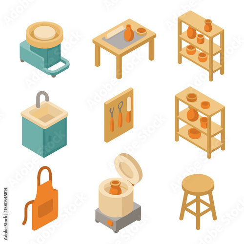 Pottery Studio Icons. Isometric Flat icon set of pottery studio interior: potter’s wheel, worktable, shelving with pots, sink,