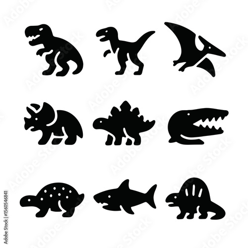 Prehistoric Predators Icons. Solid, filled icon set of prehistoric predators: T-Rex, velociraptor, saber-toothed tiger,
