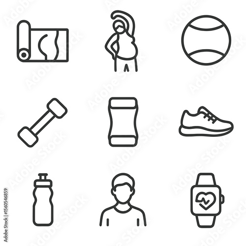 Prenatal Fitness Icons. Outline icon set of prenatal fitness and exercise: yoga mat with belly symbol, pregnant woman stretching,