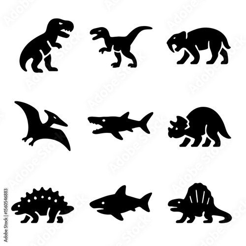 Prehistoric Predators Icons. Solid, filled icon set of prehistoric predators: T-Rex, velociraptor, saber-toothed tiger,