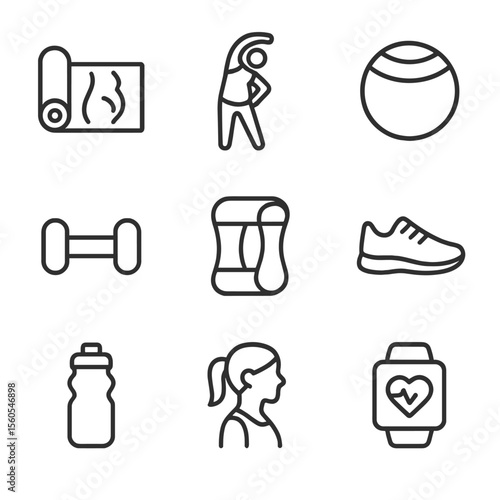 Prenatal Fitness Icons. Outline icon set of prenatal fitness and exercise: yoga mat with belly symbol, pregnant woman stretching,