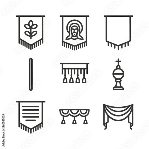 Processional Banner Icons. Outline icon set of Processional Banners: embroidered banner, painted icon, embroidered cloth, wooden
