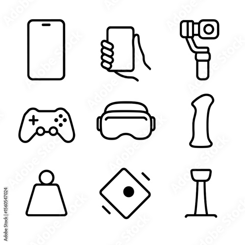 Product Design Icons. Outline icon set of product design and CG: smartphone orientation, handheld grip point, camera gimbal,