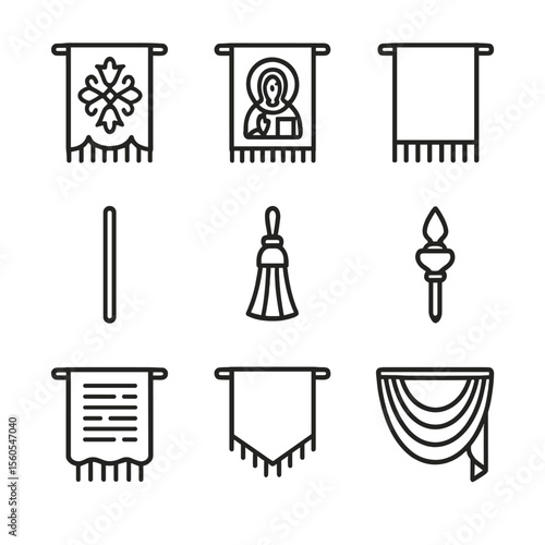 Processional Banner Icons. Outline icon set of Processional Banners: embroidered banner, painted icon, embroidered cloth, wooden