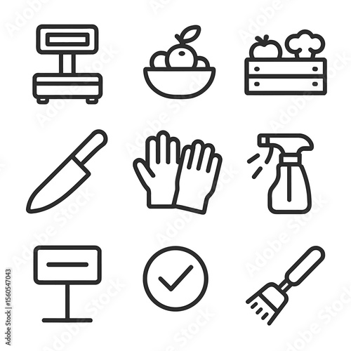 Produce Icons Set. Outline icon set of Produce Section Duties: scale display, fruit basket, veggie crate, produce knife, reusable