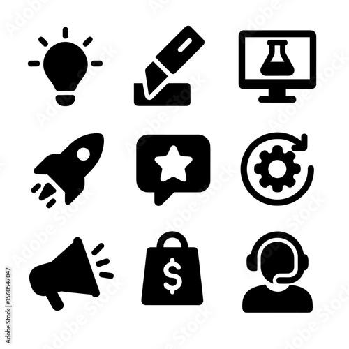 Product Development Icons. Solid, filled icon set of product development stages: idea generation, prototyping, testing, launch,