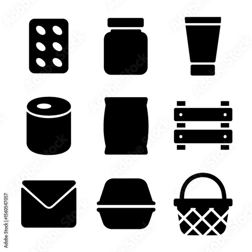 Product Packaging Icons. Solid, filled icon set of product packaging types: blister pack, jar, tube, can, pouch, crate, envelope,