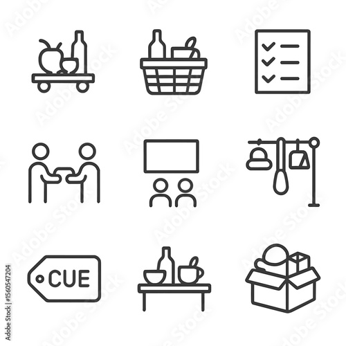Prop Management Icons. Outline icon set of props management: prop cart, prop basket, prop checklist, handoff diagram, staging