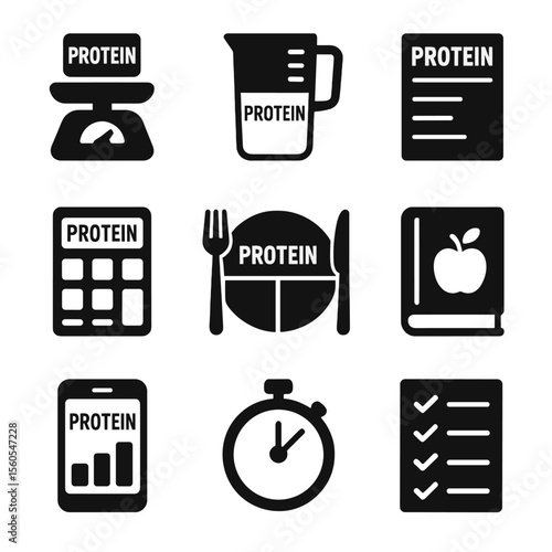 Protein Measurement Icons. Solid, filled icon set of protein measurement tools: food scale, measuring cup, nutrition label,
